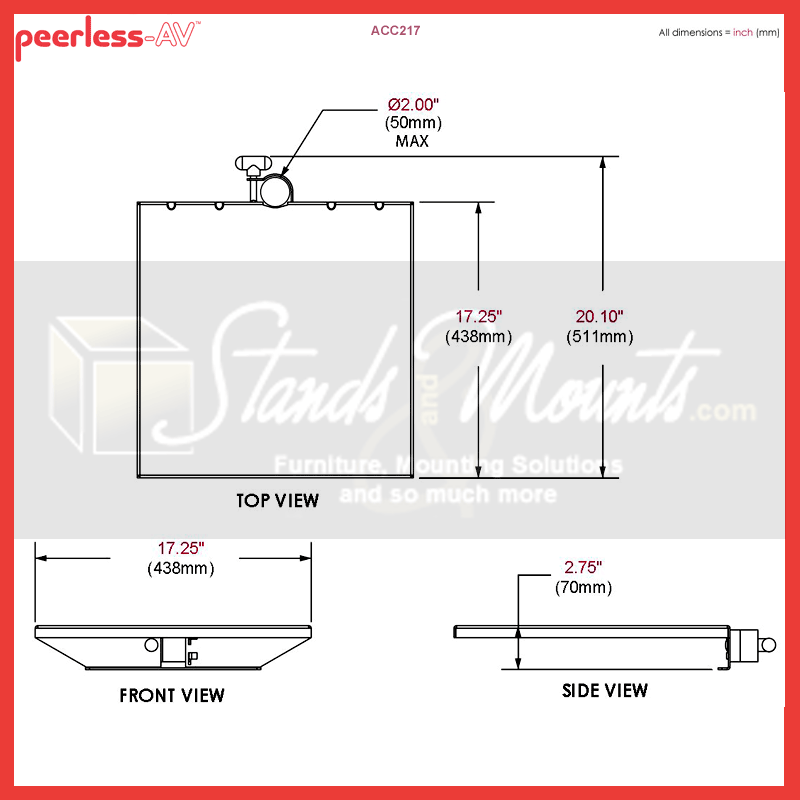 Peerless-AV Extension Column Shelf ACC217, tabletop camera mount dimensions diagram