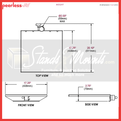 Peerless-AV Extension Column Shelf ACC217, tabletop camera mount dimensions diagram