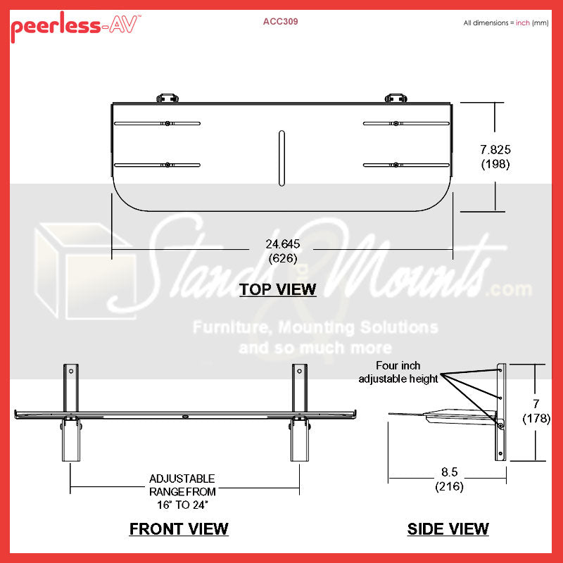 Peerless-AV Video-Conferencing Shelf Wall Mount ACC309, mount dimensions and adjustment diagram