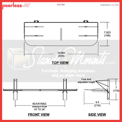 Peerless-AV Video-Conferencing Shelf Wall Mount ACC309, mount dimensions and adjustment diagram