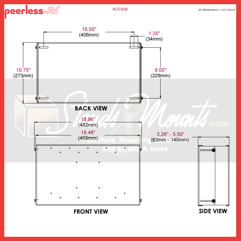 Peerless-AV Dedicated Wall Adapter Box ACC630, mounting accessory dimensions diagram