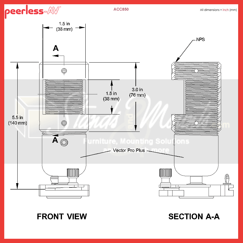 Peerless-AV Extension Column Connector ACC850, equipment cabinet caster technical dimensions