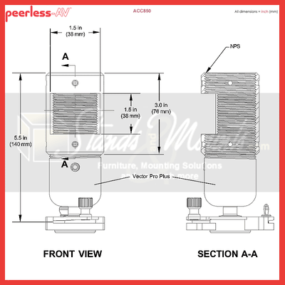 Peerless-AV Extension Column Connector ACC850, equipment cabinet caster technical dimensions