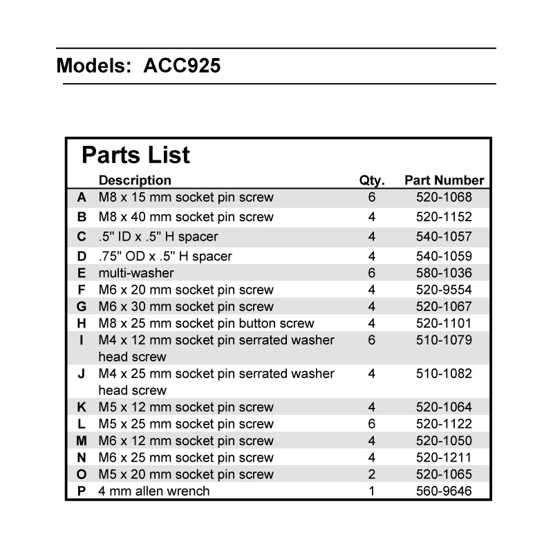 Peerless-AV Security Fasteners ACC925, display mount hardware parts list
