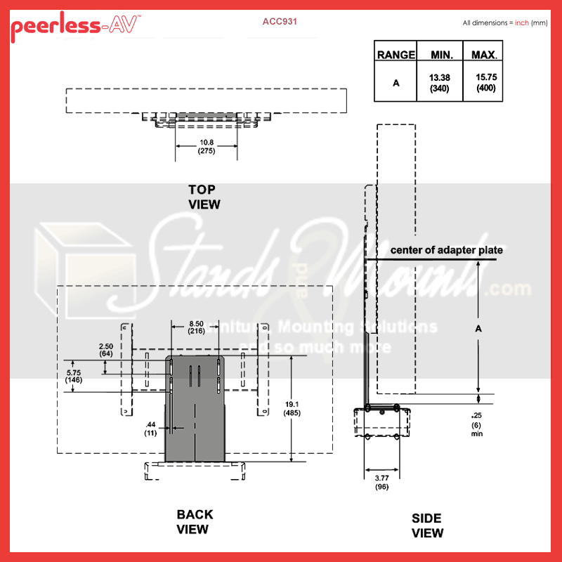 Peerless-AV VCR DVD Mount Connector ACC931, equipment adapter bracket top, rear, and side dimensions