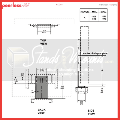 Peerless-AV VCR DVD Mount Connector ACC931, equipment adapter bracket top, rear, and side dimensions