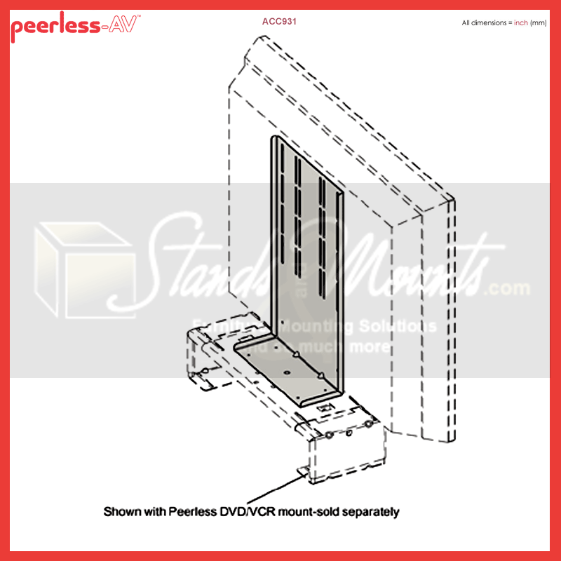 Peerless-AV VCR DVD Mount Connector ACC931, equipment adapter bracket installation diagram behind a display