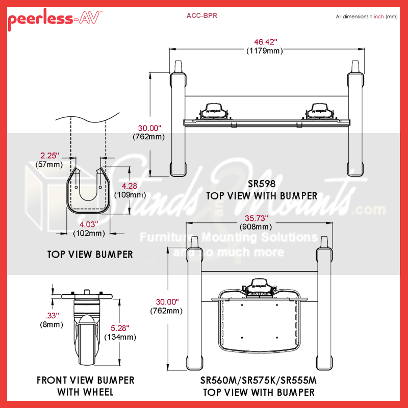 Peerless-AV SmartMount Bumper Accessory ACC-BPR, rolling display cart bumper dimensions diagram