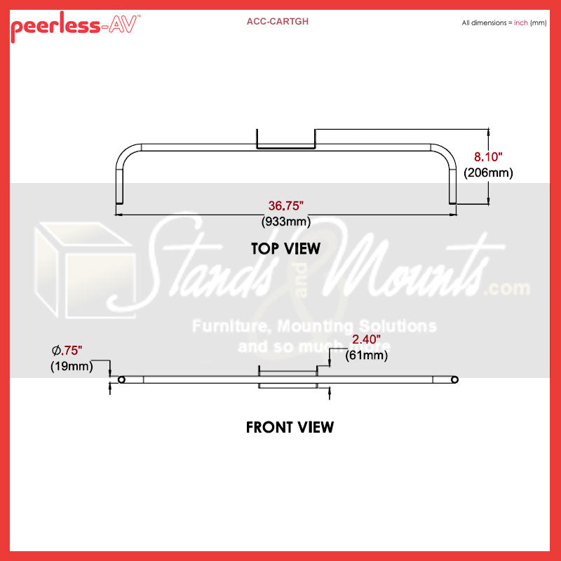 Peerless-AV SmartMount Grab Handle Accessory ACC-CARTGH, cart grab handle dimensions diagram