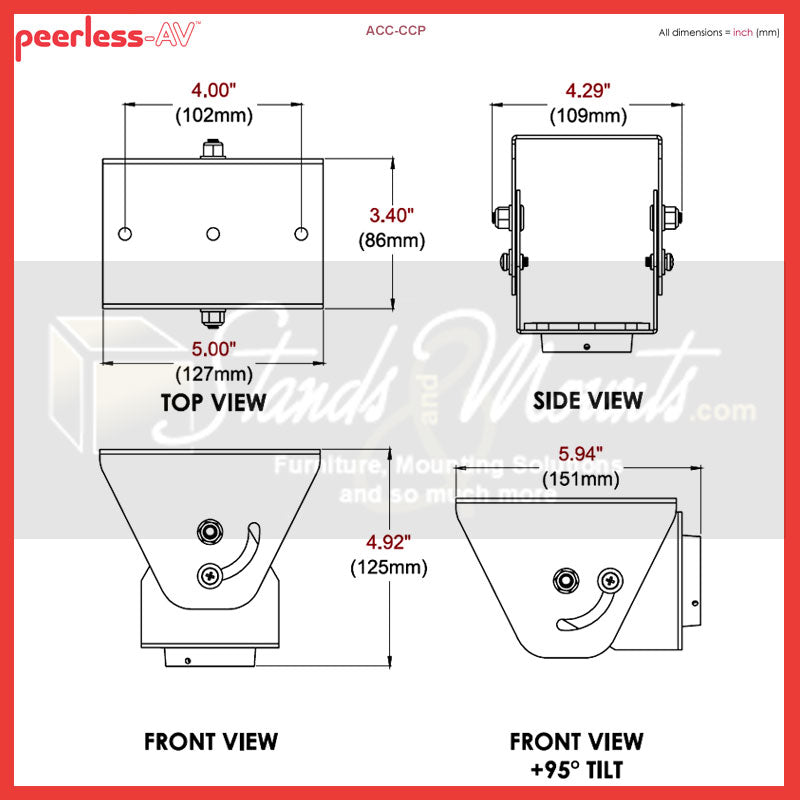 Peerless-AV Cathedral Ceiling Adapter ACC-CCP, display accessory tilt bracket dimensions diagram
