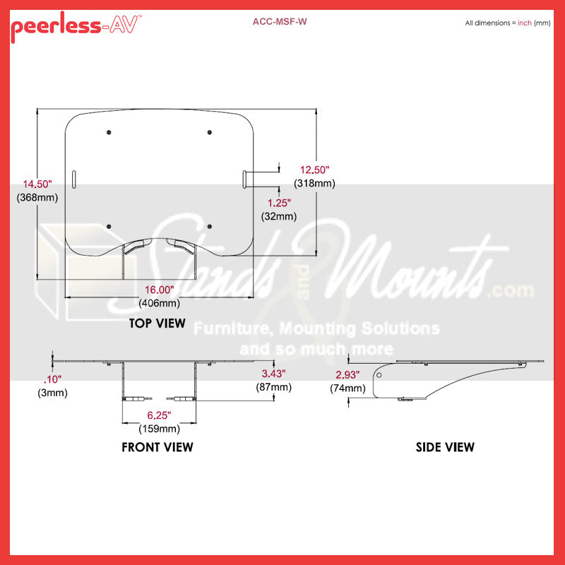Peerless-AV SR560-FLIP Metal Shelf ACC-MSF-W, media component shelf technical dimensions