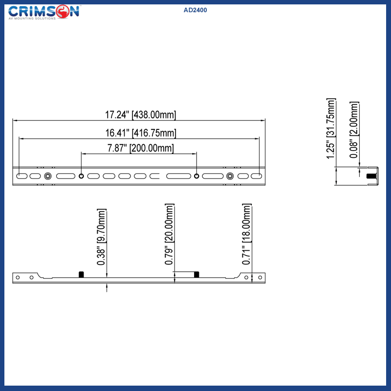 Crimson 400x200mm VESA Adapter Extender AD2400, horizontal mounting rail technical dimensions