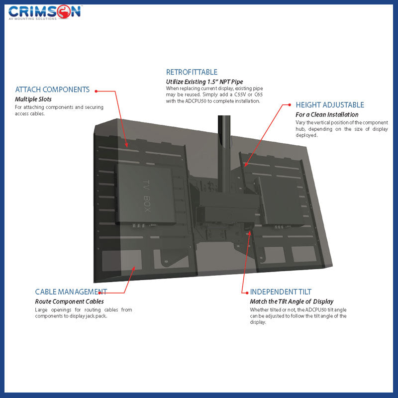 Crimson ADCPU50 Secure CPU Control Box Bracket for Ceiling Mounts, adjustable component shelf feature overview