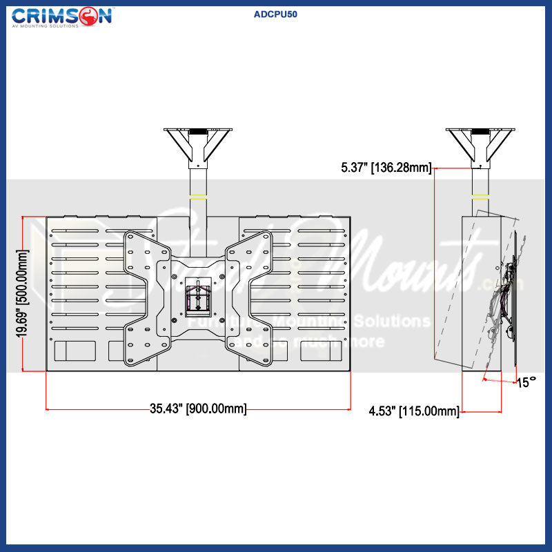 Crimson ADCPU50 Secure CPU Control Box Bracket for Ceiling Mounts, ceiling-mounted component shelf dimensions diagram