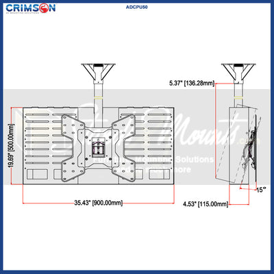 Crimson ADCPU50 Secure CPU Control Box Bracket for Ceiling Mounts, ceiling-mounted component shelf dimensions diagram