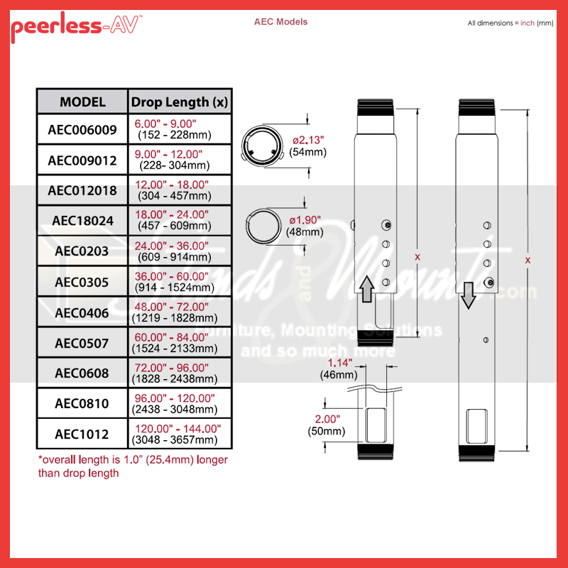 Peerless-AV Adjustable Extension Column AEC006009-W, extension column size chart