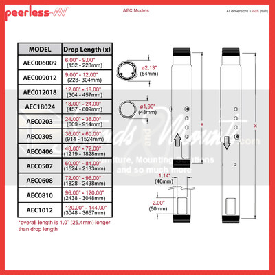 Peerless-AV Adjustable Extension Column AEC006009-W, extension column size chart