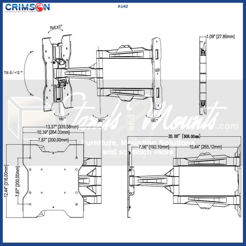 Crimson Ultra Thin Medium Articulating TV Wall Mount AU42, full-motion television wall mount technical dimensions diagram