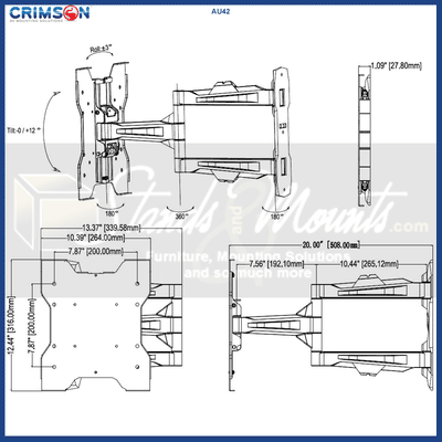Crimson Ultra Thin Medium Articulating TV Wall Mount AU42, full-motion television wall mount technical dimensions diagram