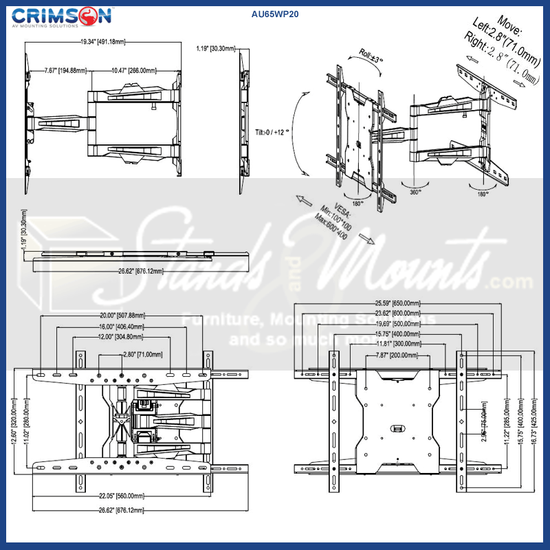 Crimson Ultra Thin Large Articulating TV Wall Mount AU65WP20, articulating TV wall mount dimensions diagram