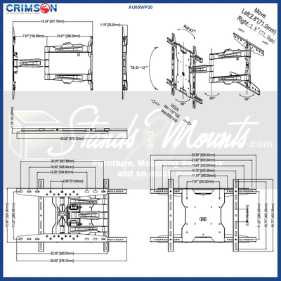 Crimson Ultra Thin Large Articulating TV Wall Mount AU65WP20, articulating TV wall mount dimensions diagram
