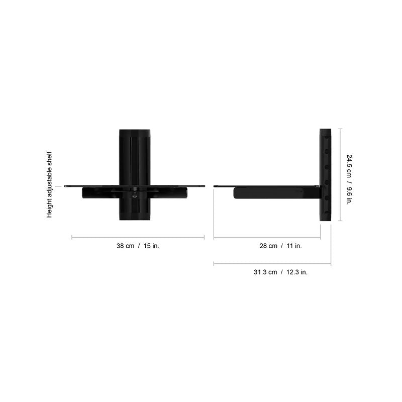 AVF Adjustable Single AV Component Shelf AS100-A, wall-mounted media shelf dimensions diagram