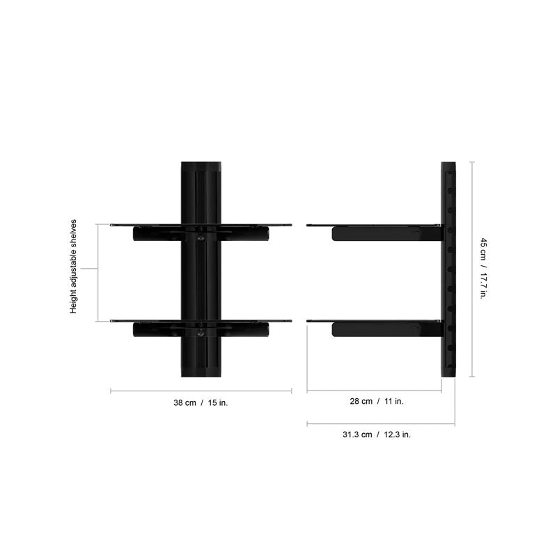 AVF Adjustable Dual AV Component Shelves AS200-A, component shelf technical dimensions