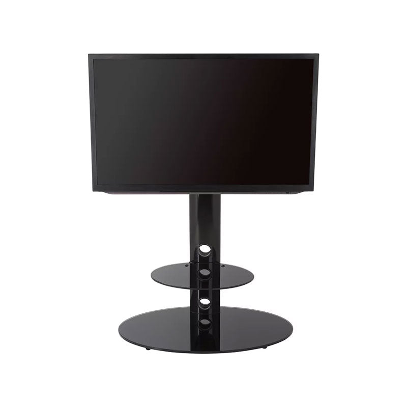 AVF Lugano Large Oval Pedestal TV Stand FSL800LUB-A, black glass TV floor stand with a display in a straight-on front view