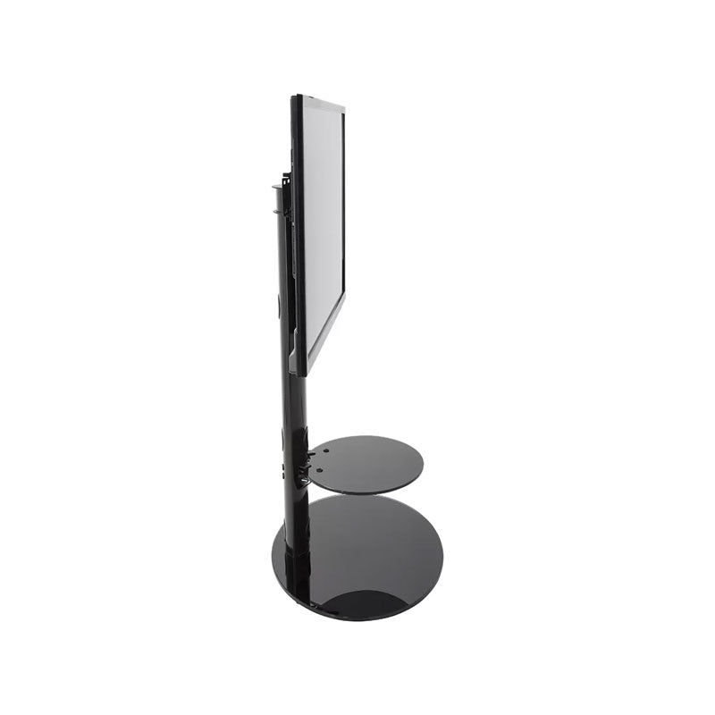 AVF Lugano Large Oval Pedestal TV Stand FSL800LUB-A, black glass TV floor stand with a display in a side-profile view