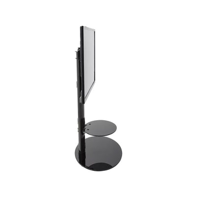 AVF Lugano Large Oval Pedestal TV Stand FSL800LUB-A, black glass TV floor stand with a display in a side-profile view