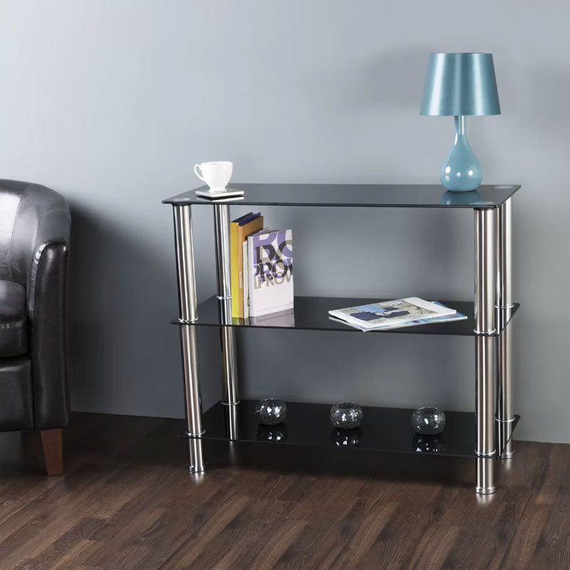 AVF Black Glass 3 Tier Shelving Unit S13-A, glass component shelf installed room view