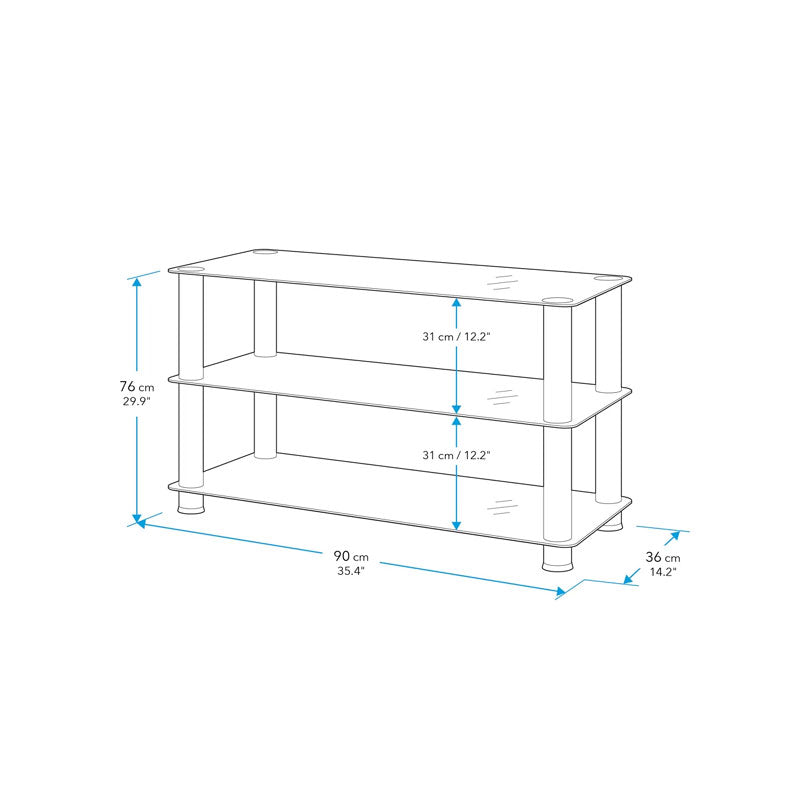 AVF Black Glass 3 Tier Shelving Unit S13-A, glass component shelf dimensions diagram