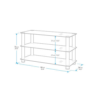 AVF Black Glass 3 Tier Shelving Unit S13-A, glass component shelf dimensions diagram