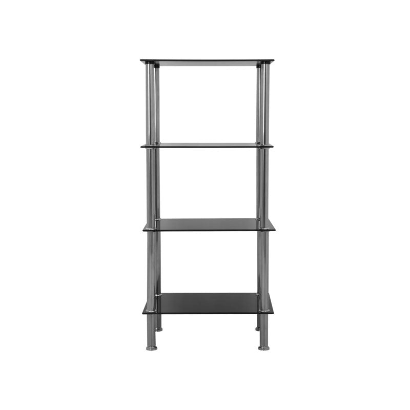 AVF Small Black Glass 4 Tier Shelving Unit S44-A, four-tier black glass shelving unit in a straight-on front view