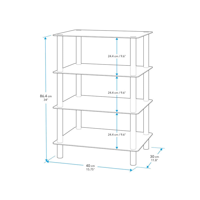 AVF Small Black Glass 4 Tier Shelving Unit S44-A, four-tier shelving unit height, width, and depth dimensions