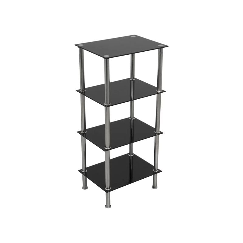 AVF Small Black Glass 4 Tier Shelving Unit S44-A, four-tier black glass shelving unit in a front three-quarter view