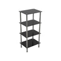 AVF Small Black Glass 4 Tier Shelving Unit S44-A, four-tier black glass shelving unit in a front three-quarter view