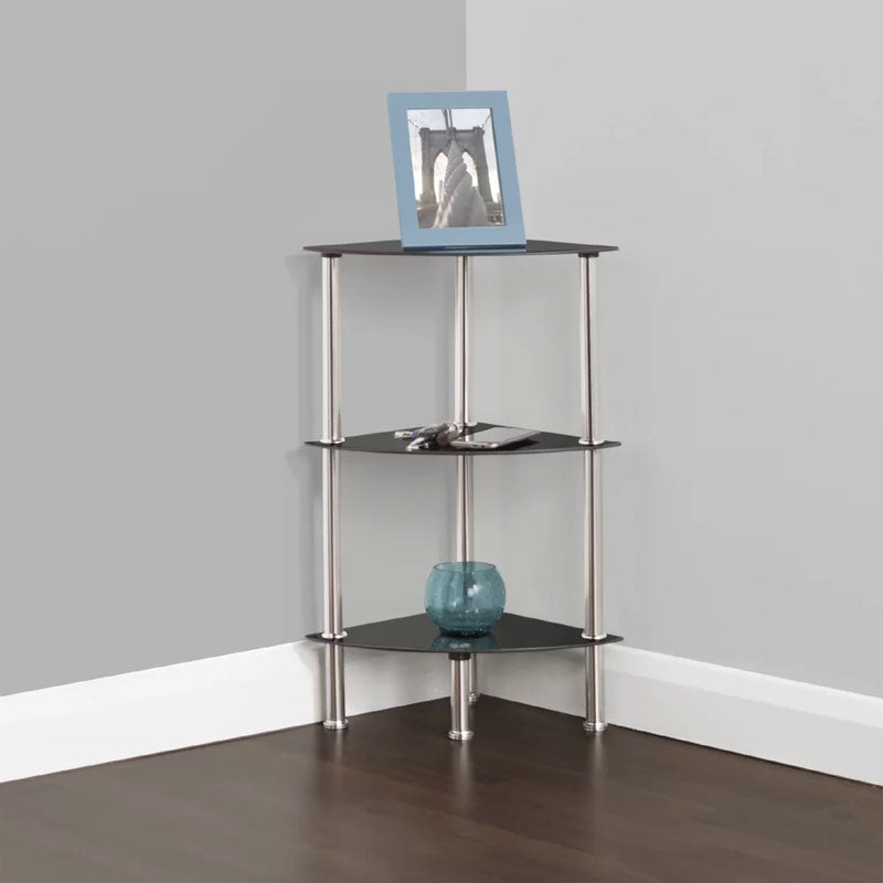AVF Small Black Glass 3 Tier Corner Shelving Unit S53-A, three-tier corner shelf installed room view