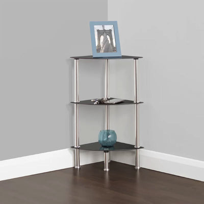 AVF Small Black Glass 3 Tier Corner Shelving Unit S53-A, three-tier corner shelf installed room view