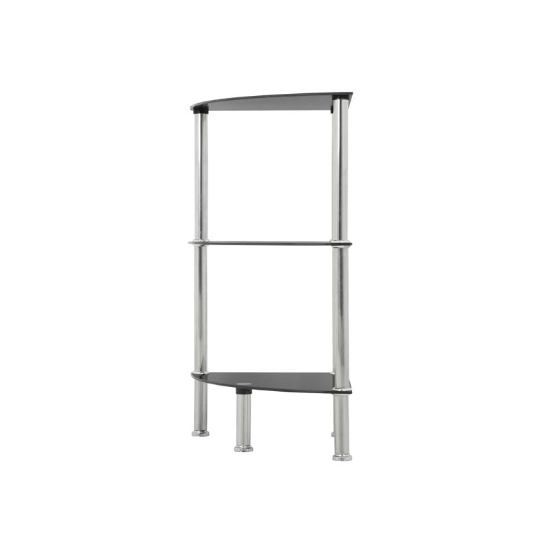 AVF Small Black Glass 3 Tier Corner Shelving Unit S53-A, three-tier corner shelf front view