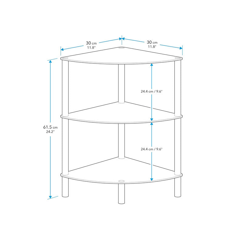 AVF Small Black Glass 3 Tier Corner Shelving Unit S53-A, three-tier corner shelf dimensions diagram