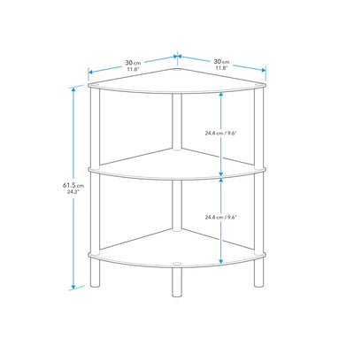 AVF Small Black Glass 3 Tier Corner Shelving Unit S53-A, three-tier corner shelf dimensions diagram