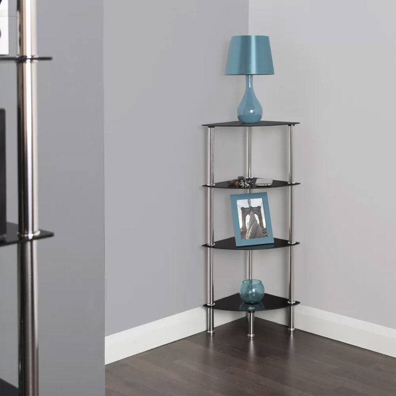 AVF Small Black Glass 4 Tier Corner Shelving Unit S64-A, corner shelf unit styled in room