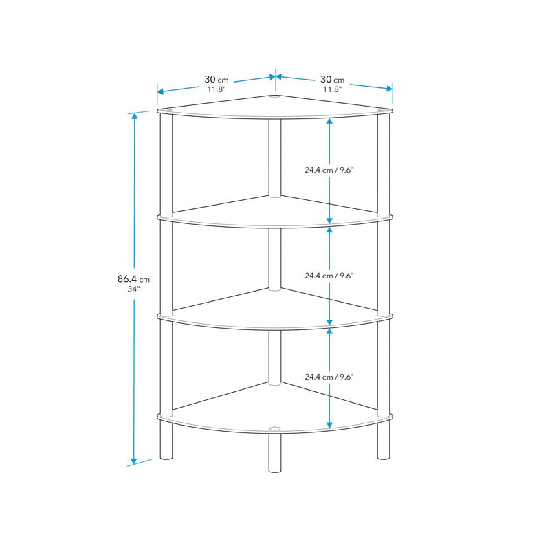 AVF Small Black Glass 4 Tier Corner Shelving Unit S64-A, corner shelf unit technical dimensions diagram