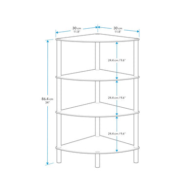AVF Small Black Glass 4 Tier Corner Shelving Unit S64-A, corner shelf unit technical dimensions diagram