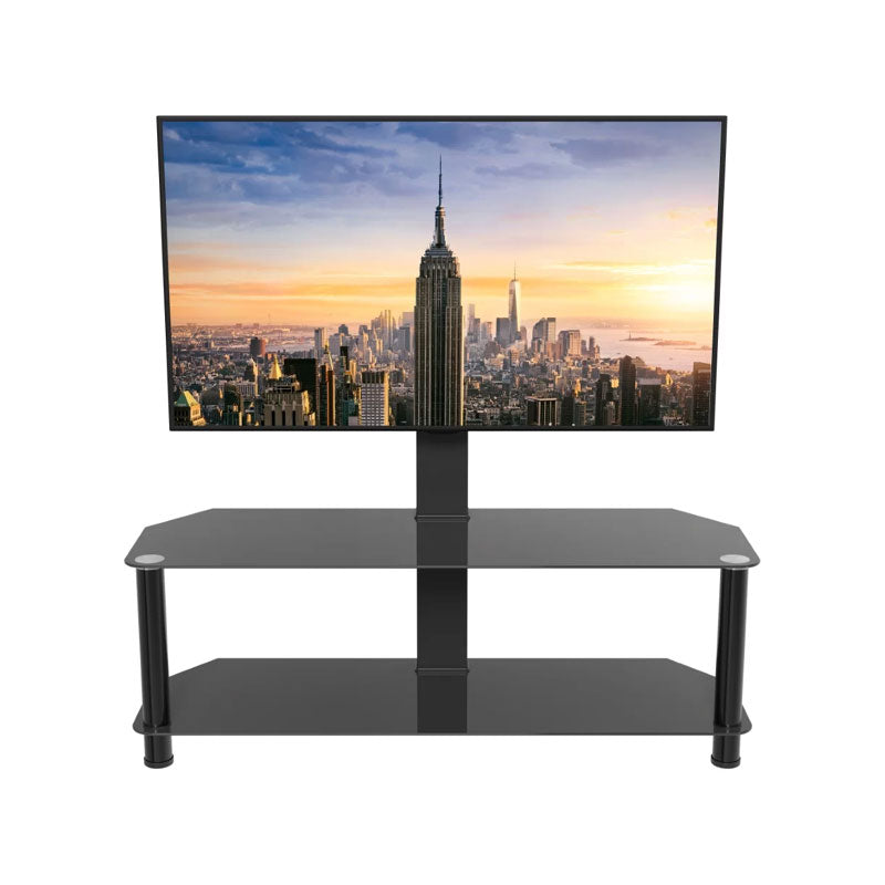 AVF Classic Glass Corner TV Stand with Mount SDCL1140BB-A, glass-shelf TV stand with display angled view