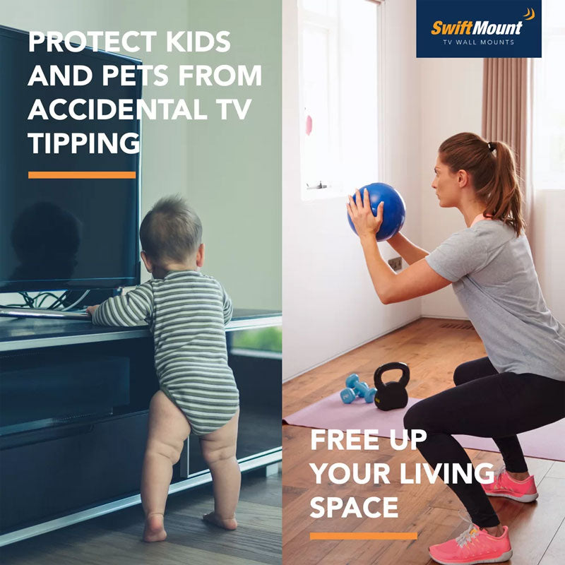 AVF SwiftMount Tilting TV Wall Mount SWIFT410-AP, TV tip-prevention and floor-space infographic