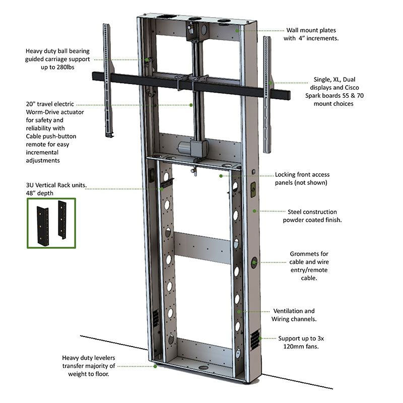 Audio Visual Furniture XL Wall Mounted Electric Lift Stand LFT8800WM-XL