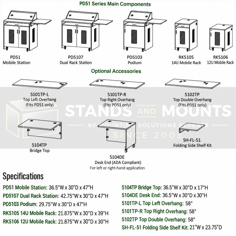 Audio Visual Furniture PD51 Series Modular Mobile Rack (14RU) RK5105