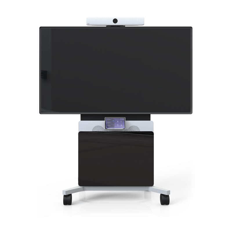 iCartTX Cisco Cradle CN-MNTKIT, mobile display cart with camera and equipment shelf front view